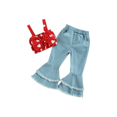 wybzd Kids Girls Valentine s Day 2 Pcs Outfits Love Print Sleeveless Camisole with Bow + Solid Color Flared Jeans Set 1-6 Years
wybzd Kids Girls Valentine s Day 2 Pcs Outfits Love Print Sleeveless Camisole with Bow + Solid Color Flared Jeans Set 1-6 Years