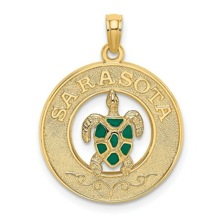 14k Gold Sarasota Round Frame With Enamel Turtle Center Charm Gifts for Women - 1.9 Grams