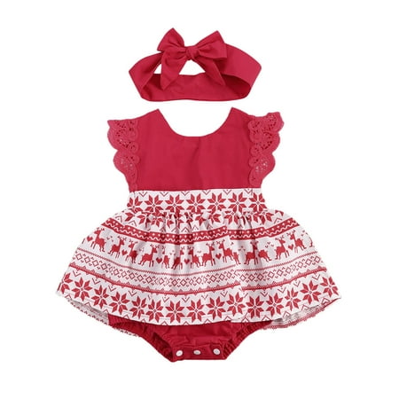 Livingsenburg Christmas Newborn Baby Girls Ruffles Sleeve Romper Dress Headband