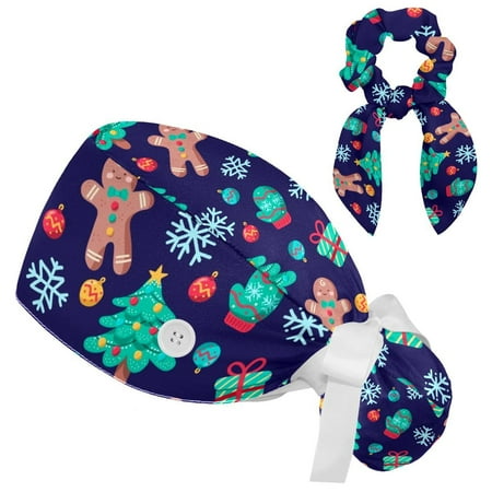 Working Cap with Buttons and Sweatband Scrub Hat Bouffant Caps with Scrunchie Christmas Tie Back Hats