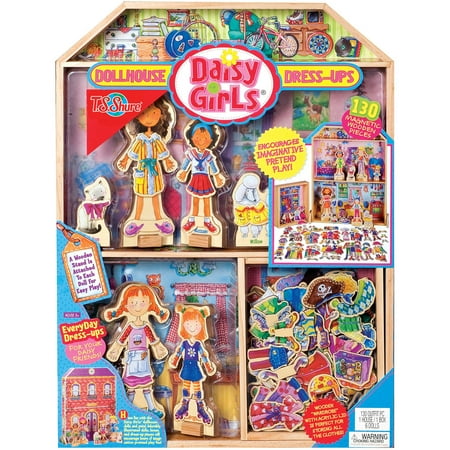 T.S. Shure Daisy Girls Wooden Dollhouse and Magnetic Dress-Up Set