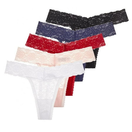 5 Pack Womens Floral Lace Thongs Low Rise Mesh Underwear Seamless Bow Panties T-Back Thongs See Through Panties