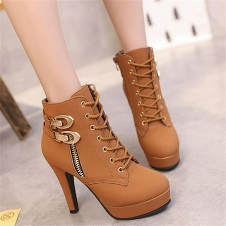 Women s High Heel Boots Thin Heel Side Zipper Boots Short Tube Lace Up Boots