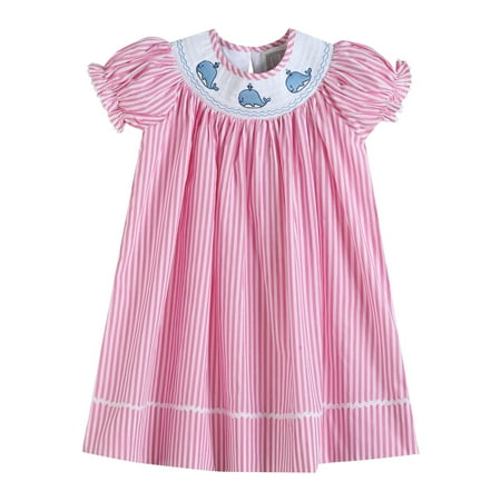 Pink Striped Whale Smocked Bishop Dress