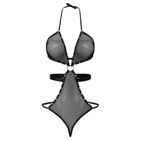 〖CFXNMZGR〗Lingerie For Women Wet Look Lingerie Net Yarn Bodysuit Mesh Patchwork Halter Neck High Cut Leotard Bodysuit Clubwear