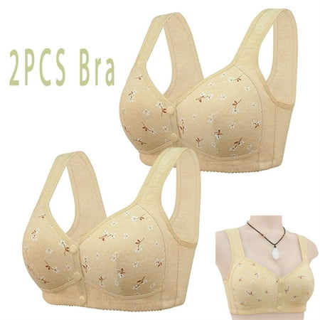 

2PCS Front Closure Button Daisy Bra Cotton Wire Free Floral Closure Underwear Lingerie Plus Size Women-Apricot 52/120（6XL）