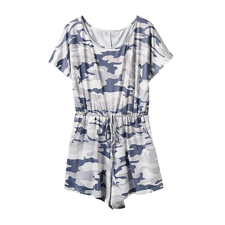 2023 Women s Summer Casual Tie Dye Short Sleeve Jumpsuits Crewneck Tie Waist Loose Fit Short Romper Pajamas