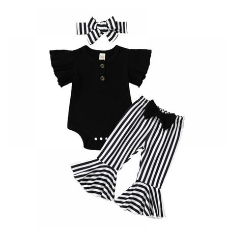 GYRATEDREAM Newborn Baby Girl Summer Outfit Ruffle Sleeve Romper Bodysuit Leopard Print Flared Pants Headband Set 0-18 Months