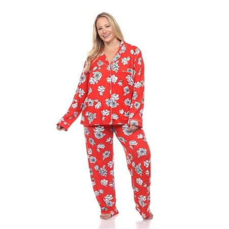 PS13686-22-2X Plus Size Long Sleeve Floral Pajama Set Red - 2X