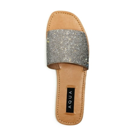 AQUA Womens Silver Embellished Shine Round Toe Slip On Slide Sandals 9.5 M