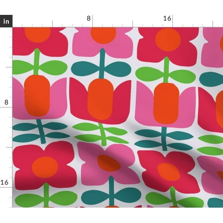Danish Flowers Modern Hot Pink Red Green Fabric Printed by Spoonflower BTY