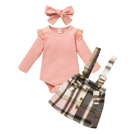 Viworld Baby Girls Fall Clothes Ruffle Long Sleeve Ribbed Romper + Plaid Corduroy Suspender Skirt + Headband 3Pcs Outfits(Pink 3-6M)
Viworld Baby Girls Fall Clothes Ruffle Long Sleeve Ribbed Romper + Plaid Corduroy Suspender Skirt + Headband 3Pcs Outfits(Pink 3-6M)