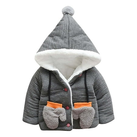 Fesfesfes Winter Baby Plush Jacket Boys Girls Padded Hooded Cardigan Hoodie Jacket Outerwear With Gloves Clearance Under $10
