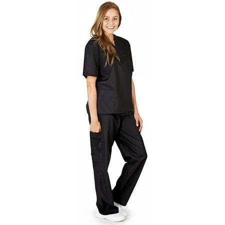 Natural Workwear Womens Medical Scrub Set Adult Female Work Uniform Black XXS