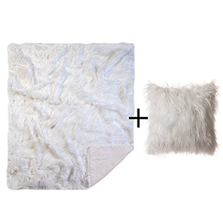 Faux Fur Throw Pillow & Blanket, Mongolian Long Hair White