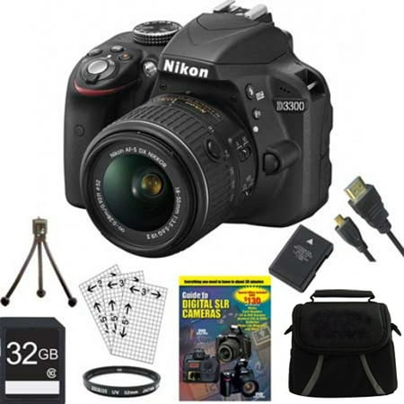 Nikon D3300 24.2 MP Digital SLR Camera with AF-S DX NIKKOR 18-55mm f\/3.5-5.6G VR II Zoom Lens (Black) BUNDLE with 32GB SDHC Card, Spare Battery, Micro HDMI Cable, DVD, UV Filter, Padded Case and MORE Nikon D3300 24.2 MP Digital SLR Camera with AF-S DX NIKKOR 18-55mm f\/3.5-5.6G VR II Zoom Lens (Black) BUNDLE with 32GB SDHC Card, Spare Battery, Micro HDMI Cable, DVD, UV Filter, Padded Case and MORE