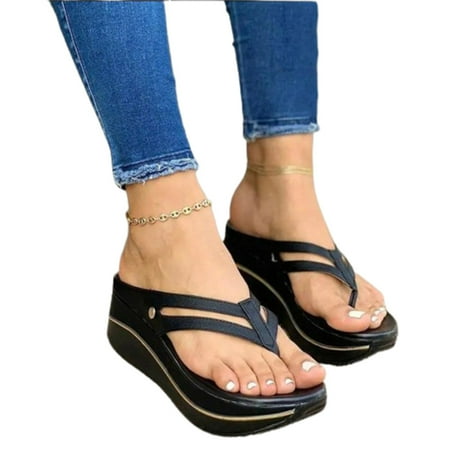 Women Thongs Slippers Casual Bulky Platform Sandals PU Flat Heel Slide Shoes 43 Black