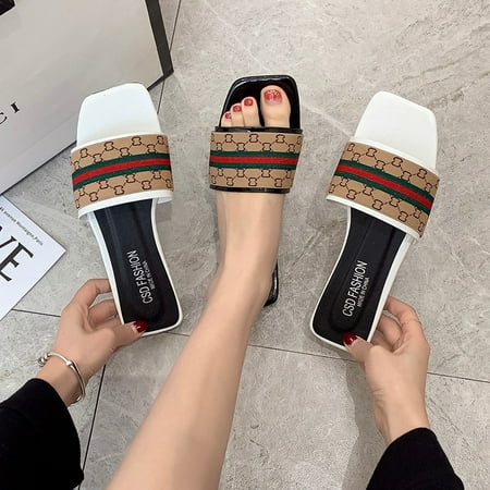 Printed half slippers women s summer 2022 new fashion one-word sandals and slippers women s large size slippers outside the beach