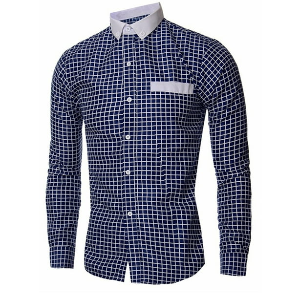 Mens Fashion Luxury Slim Fit Plaid T-Shirts Long sleeve Shirt