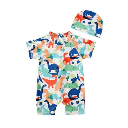 Toddler Kids Rash Guard Set Boy Girl Dinosaur Print Short Sleeve Beachwear Romper Jumpsuit+Swim Hat Swimsuit