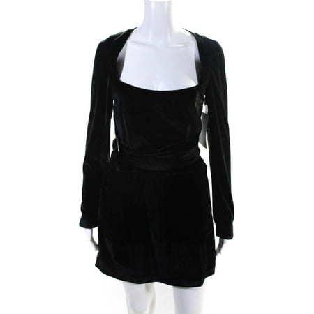 Pre-owned|Designer Women s Velvet Long Sleeve Belted Mini Dress Black Size 4