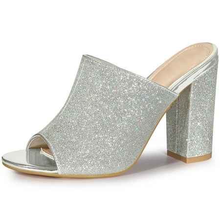 Unique Bargains Women s Glitter Slip on Chunky Heels Mule Sandals