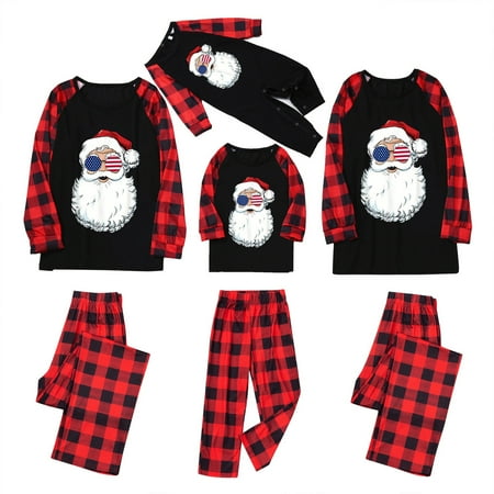 Spring hue Christmas Family Pajama Sets Santa Claus Tops+Plaid Pants Matching Pajamas Sleepwear