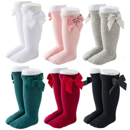 6 Pairs Baby Girls Long Socks Stockings Newborn Infant Toddler Kids Cute Cotton Knee High-L (sole length:13-15CM)
