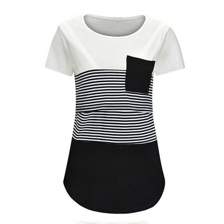 Maternity Womens Nursing Blouse Round Neck Patchwork Stripe Pocket Tops Casual Short Sleeve Breastfeeding T-shirt
Maternity Womens Nursing Blouse Round Neck Patchwork Stripe Pocket Tops Casual Short Sleeve Breastfeeding T-shirt