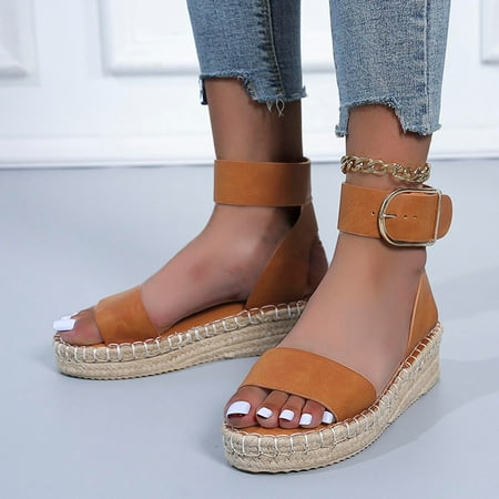 

KBODIU Women s Open Toe Buckle Ankle Platform Wedge Sandals Slope Heel Thick Soled Straw Woven Metal Buckle Women s Sandals