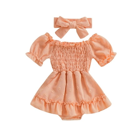 Infant Baby Girls Romper Set Short Sleeve Romper Off-shoulder Pleated Jacquard A-line Dress Jumpsuit with Headband
Infant Baby Girls Romper Set Short Sleeve Romper Off-shoulder Pleated Jacquard A-line Dress Jumpsuit with Headband
