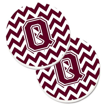 Letter Q Chevron Maroon & White Set of 2 Cup Holder Car Coaster