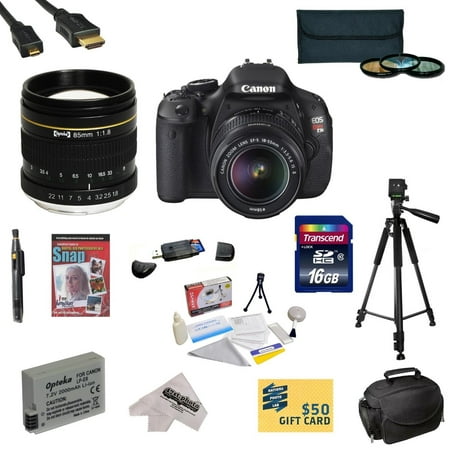 Canon EOS Rebel T3i 18.0 MP CMOS DSLR Camera with EF-S 18-55mm f/3.5-5.6 IS STM with Opteka 85mm f/1.8 Manual Focus Telephoto Lens, 16GB SDHC Card, Battery, Charger, 3 PC Filter Kit, HDMI Cable + More