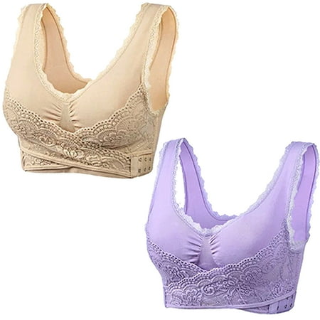Women Comfy Bra Front Cross Side Buckle Lace Bras Slim and Shape Bra 2PCS