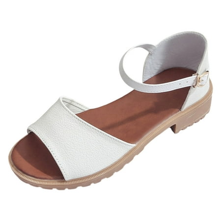 

ZIZOCWA Elegant Leather Women Roman Sandals Summer Fish Mouth Low Heel Casual Beach Sandals Ladies Ankle Buckle Strap Walking Shoes White Size6.5