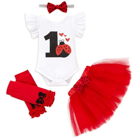 

GRNSHTS Baby Girls 1st Birthday Ladybug Cake Smash Outfits Set Short Sleeve Romper Bodysuit+Tutu Skirt+Headband +Leg Warmers 4PCS Clothes Set 12-18 Months