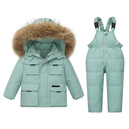 

New Year s Deals!Baby Boys Girls Winter Down Coats Snowsuit Outerwear 2Pcs Clothes Hooded Jacket Snow Windproof Ski Bib Pants Outfits Set on Clearance