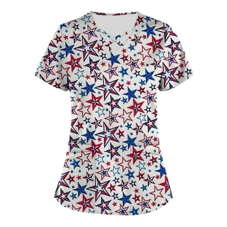 

HIMIWAY Stars and Stripes Womens Tops Womens Tops Plus Size 4th of July Printed Scrub Working Uniform Tops for Women Cross V-Neck Short Sleeve Fun T-Shirts Workwear Tee with Pockets Blue M