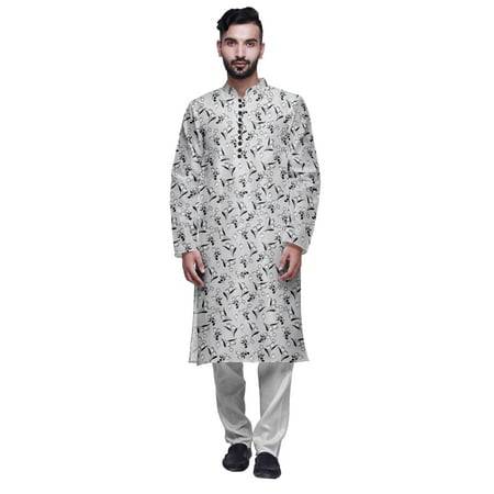 Atasi Mens Printed Modal Satin Indian Long Kurta With White Churidar Pajama Set