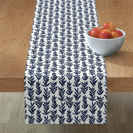 Table Runner Indigo Watercolor Sage Summer Botanical Leaves Navy Cotton Sateen