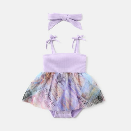 PatPat 2pcs Baby Girl Bowknot Design Mesh Splice Slip Rompers & Headband