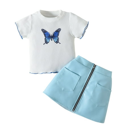 Toddler Girl Outfits Short Sleeve Ribbed Butterfly Ruffle T-Shirt Pu Leather Zipper Skirts 2Pcs Kids Suits for Girls
Toddler Girl Outfits Short Sleeve Ribbed Butterfly Ruffle T-Shirt Pu Leather Zipper Skirts 2Pcs Kids Suits for Girls