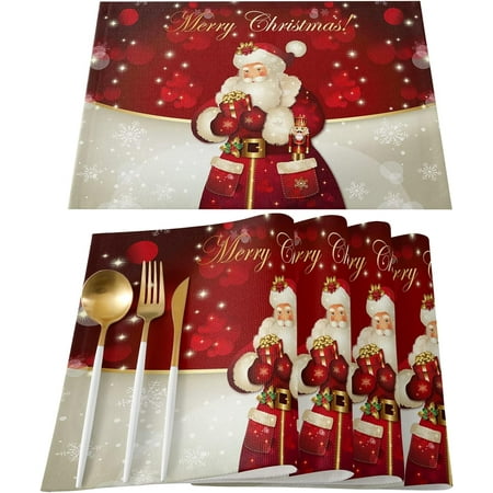 

RooRuns Christmas Placemats Set of 4 Snowflake Xmas Snowman Ugly Santa Printed Heat Resistant Washable Farmhouse Place Mats for Dining Table Kitchen Decor