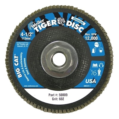 Tiger Big Cat High Density Flap Disc 4-1/2 In Dia 60 Grit 5/8 In-11 12000 Rpm Type 27 | Bundle of 5 Each
Tiger Big Cat High Density Flap Disc 4-1/2 In Dia 60 Grit 5/8 In-11 12000 Rpm Type 27 | Bundle of 5 Each