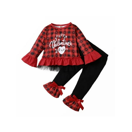 wsevypo 2PCS Plaid Valentine s Day Clothes for Toddler Girls Letters Heart Printed Pattern Pullover Flared Pant Outfit