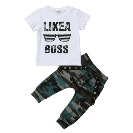 Dewadbow Toddler Baby Boy Hip Hop Tops T-shirt Camo Pants 2Pcs Outfits Set Clothes 
Dewadbow Toddler Baby Boy Hip Hop Tops T-shirt Camo Pants 2Pcs Outfits Set Clothes