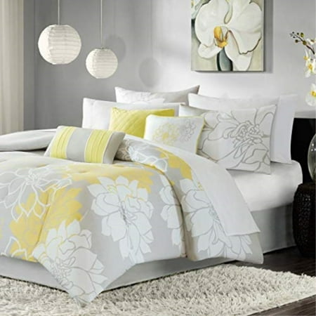 dp 7pc yellow floral queen size comforter set, cotton polyester, grey vibrant flowers nature, gray lily spring flower theme sleek modern shabby chic gorgeous bedding