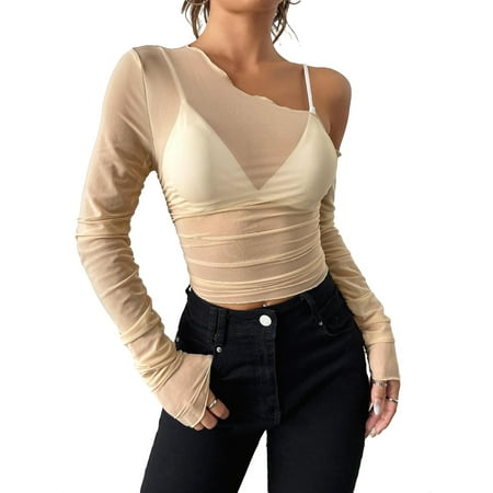 Women s Tops Sexy Solid Asymmetrical Neck Without Bra Khaki S