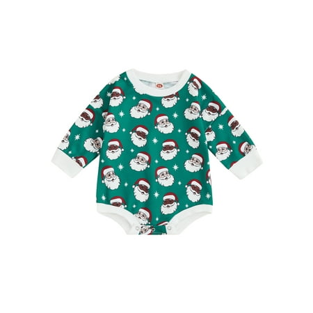 One opening Baby Girls Boys Romper Santa Claus Print Round Neck Long Sleeve Bodysuit
