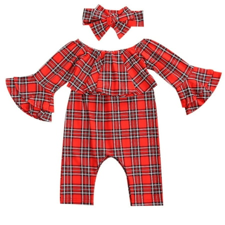 Xmas Infant Baby Girl Jumpsuit Headband Off Shoulder Plaid Print Flare Long Sleeve Romper Headband
Xmas Infant Baby Girl Jumpsuit Headband Off Shoulder Plaid Print Flare Long Sleeve Romper Headband